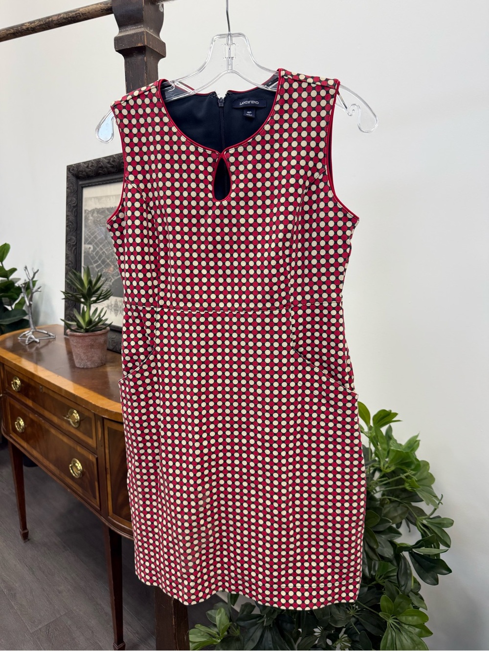 Lands' End Red Sleeveless Polka Dot Sheath Dress